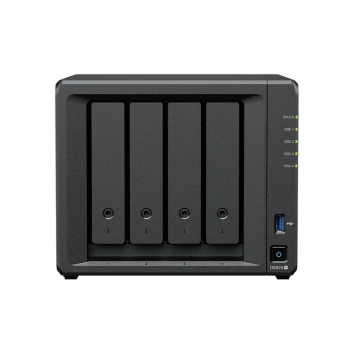 NAS ohišje Synology DS925neo+ 4x3,5'' SATA HDD/SSD 2xM.2 NVMe AMD V1500B 4 core (8-thread) 2.2 GHz 4GB DDR4 non-ECC SODIMM 2xRJ-45 2.5GbE LAN 2xUSB 3.2 Gen1 1xUSB-C expansion port