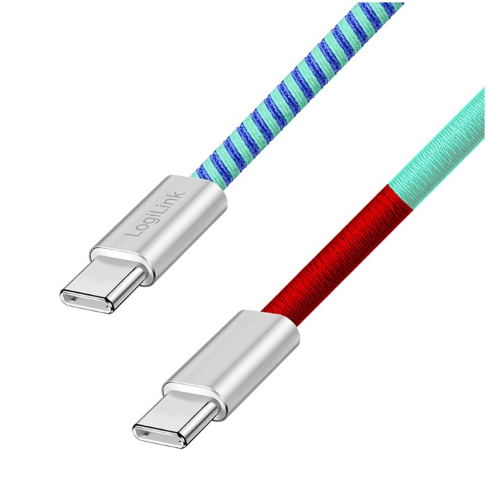 Kabel USB-C (m) => USB-C (m) 2.0 1,0m 60W 3A/20V 480Mbps pletenj ovoj pisan LogiLink (CU0480)