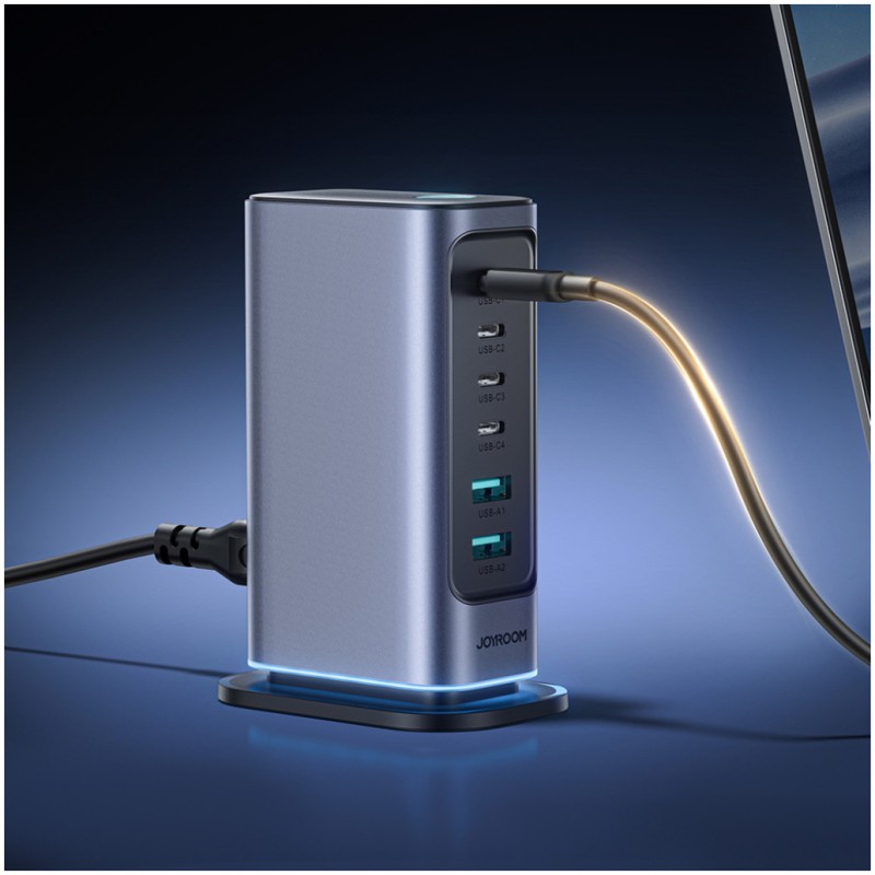 Hišni polnilec 100-240V => 2x USB-A (ž) 4x USB-C 65W GaN Joyroom JR-TCM02 Dark Gray Joyroom Hišni polnilec 100-240V => 2x USB-A (ž) 4x USB-C 65W GaN Joyroom JR-TCM02 Dark Gray
