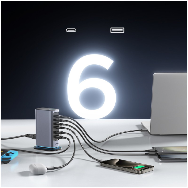 Hišni polnilec 100-240V => 2x USB-A (ž) 4x USB-C 65W GaN Joyroom JR-TCM02 Dark Gray Joyroom Hišni polnilec 100-240V => 2x USB-A (ž) 4x USB-C 65W GaN Joyroom JR-TCM02 Dark Gray