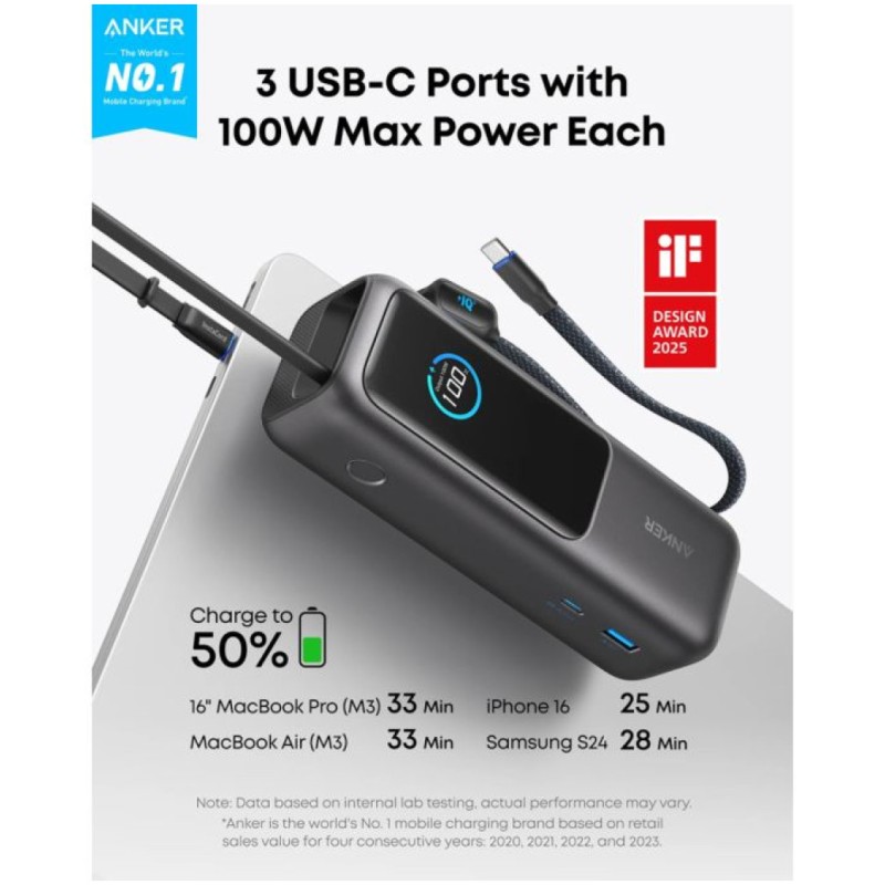 Prenosna baterija Anker Powerbank 25000mAh 165W PD 1x USB-A 3x USB-C črna (A1695H11) ANKER Prenosna baterija Anker Powerbank 25000mAh 165W PD 1x USB-A 3x USB-C črna (A1695H11)
