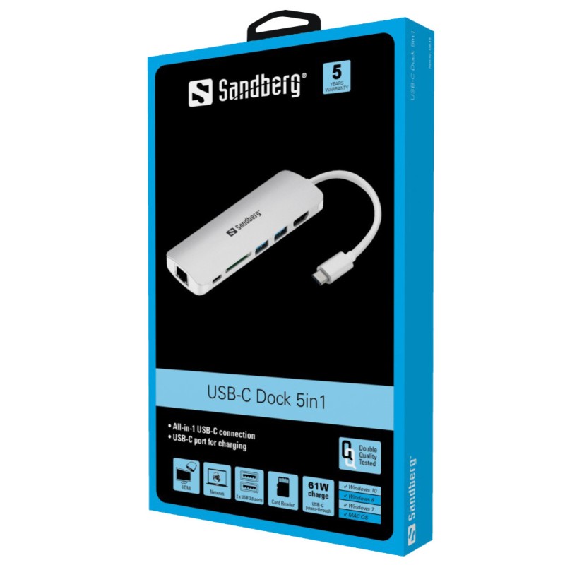 HUB USB-C => 2xUSB3.0 USB-C(PD 61W) HDMI čitalec kartic SD RJ45 Sandberg (136-18) SANDBERG HUB USB-C => 2xUSB3.0 USB-C(PD 61W) HDMI čitalec kartic SD RJ45 Sandberg (136-18)