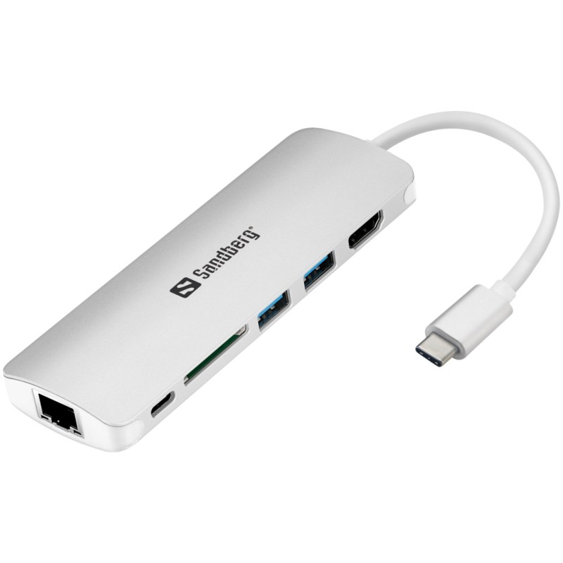 HUB USB-C => 2xUSB3.0 USB-C(PD 61W) HDMI čitalec kartic SD RJ45 Sandberg (136-18) SANDBERG HUB USB-C => 2xUSB3.0 USB-C(PD 61W) HDMI čitalec kartic SD RJ45 Sandberg (136-18)