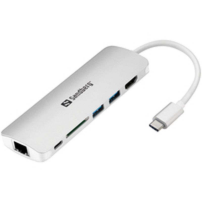 HUB USB-C => 2xUSB3.0 USB-C(PD 61W) HDMI čitalec kartic SD RJ45 Sandberg (136-18) SANDBERG HUB USB-C => 2xUSB3.0 USB-C(PD 61W) HDMI čitalec kartic SD RJ45 Sandberg (136-18)