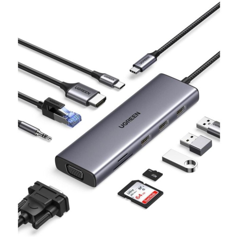 Priklopna postaja USB-C => Ugreen 3x USB 3.0 tip A 1x HDMI 4K@30Hz 1x VGA 1x RJ45 1x 3,5 1x USB-C PD 100W čitalec kartic (15601)
