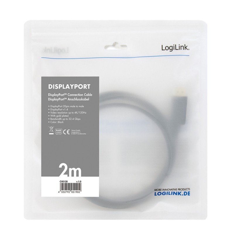 Kabel DisplayPort (m) => DisplayPort (m) 2,0m LogiLink dvojno oklopljen pozlačeni konektorji V1.4 8K@60Hz (CV0120) LOGILINK Kabel DisplayPort (m) => DisplayPort (m) 2,0m LogiLink dvojno oklopljen pozlačeni konektorji V1.4 8K@60Hz (CV0120)
