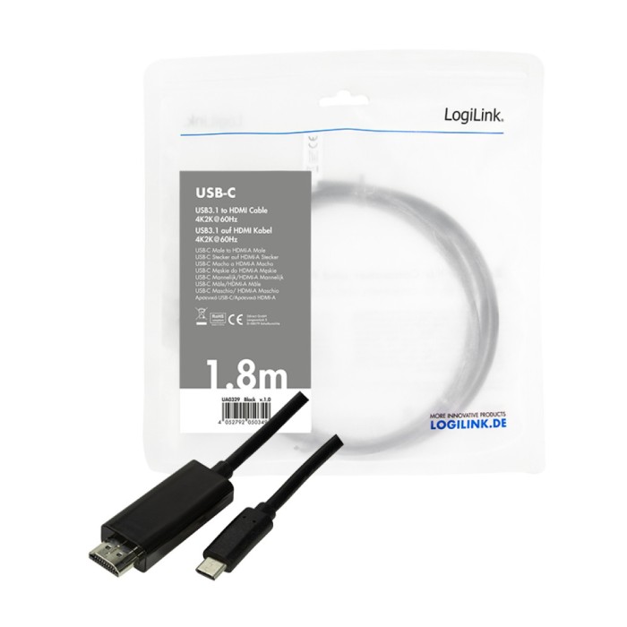 Kabel USB-C 3.2 Gen1 => HDMI 2.0 1,8m UHD 4K@60HZ črn Logilink (UA0329) Kabel USB-C Kabel USB-C 3.2 Gen1 => HDMI 2.0 1,8m UHD 4K@60HZ črn Logilink (UA0329) Kabel USB-C