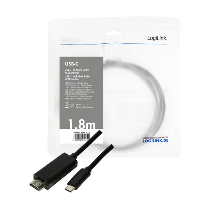 Kabel USB-C 3.2 Gen1 => HDMI 2.0 1,8m UHD 4K@60HZ črn Logilink (UA0329) Kabel USB-C LOGILINK Kabel USB-C 3.2 Gen1 => HDMI 2.0 1,8m UHD 4K@60HZ črn Logilink (UA0329) Kabel USB-C