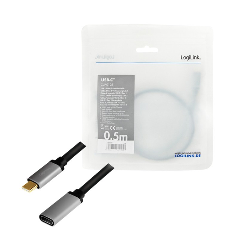 Kabel USB-C => USB-C 3.2 Gen2 Podaljšek 0,50m 5A 4K/60Hz alu črn/siv LogiLink (CUA0105)