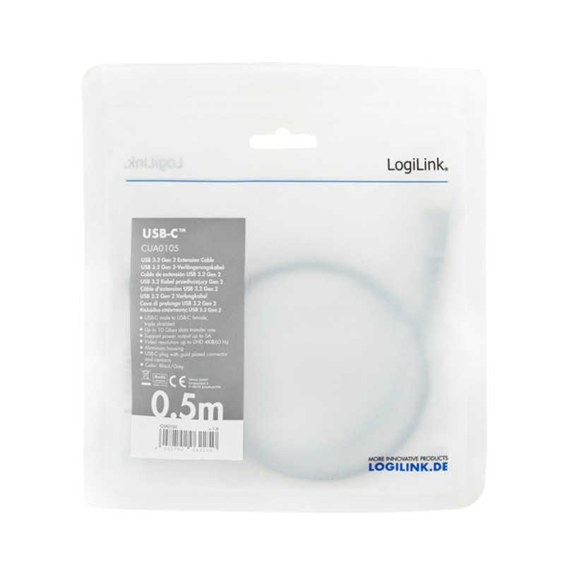 Kabel USB-C => USB-C 3.2 Gen2 Podaljšek 0,50m 5A 4K/60Hz alu črn/siv LogiLink (CUA0105)