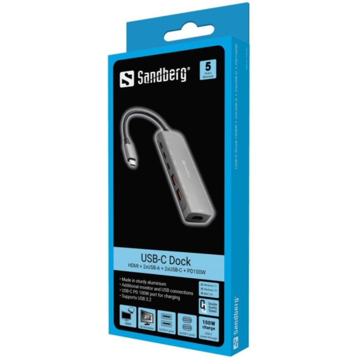 Priklopna postaja USB-C => Sandberg 1xHDMI 2xUSB3.2 2xUSB-C 1x USB-C 100W - (136-65) Priklopna postaja USB-C => Sandberg 1xHDMI 2xUSB3.2 2xUSB-C 1x USB-C 100W - (136-65)