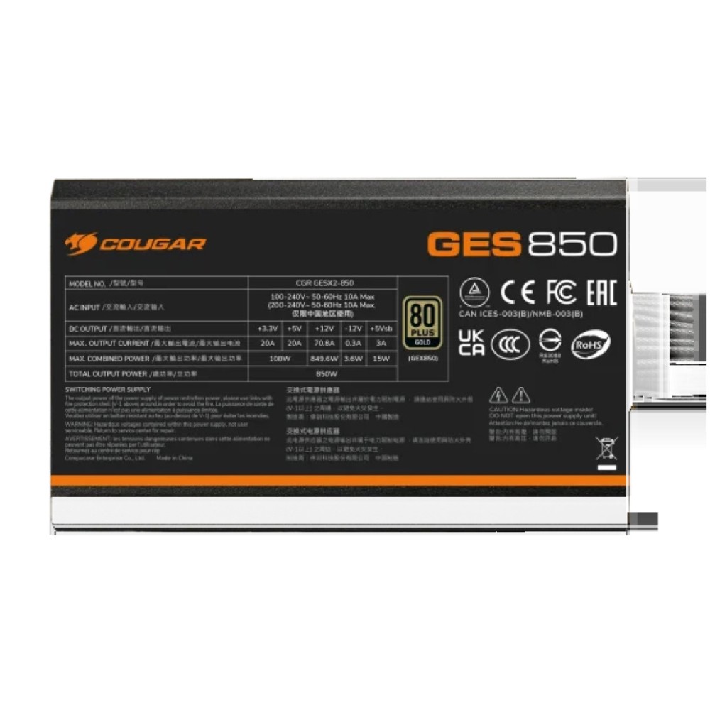 Napajalnik - 850W Cougar GES Gold 80Plus Gold 91% ATX 3.1 (Gen5) 120mm črna (CGR GES-850) Cougar Napajalnik - 850W Cougar GES Gold 80Plus Gold 91% ATX 3.1 (Gen5) 120mm črna (CGR GES-850)