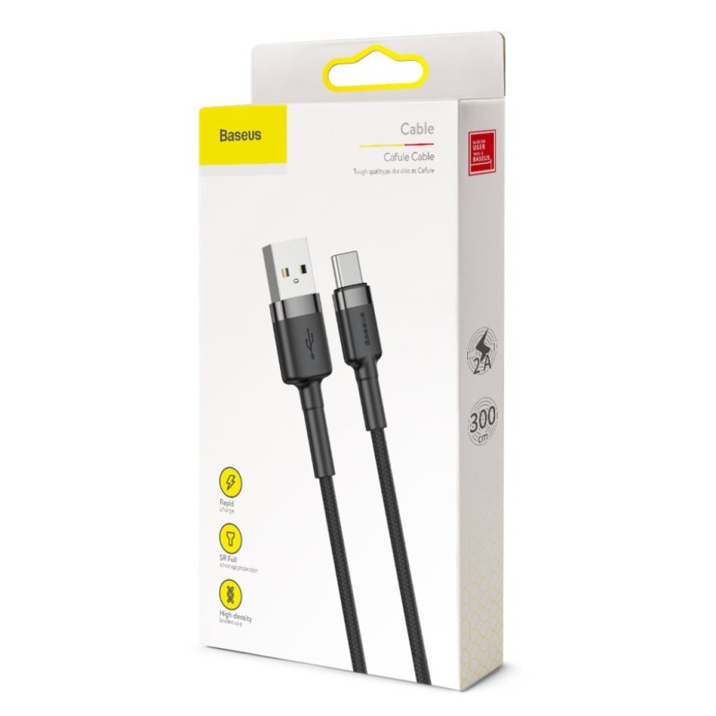 Kabel USB-C => USB-A 2.0 tekstilni ovoj 3,00m 2A Baseus Cafule črn (CATKLF-UG1)