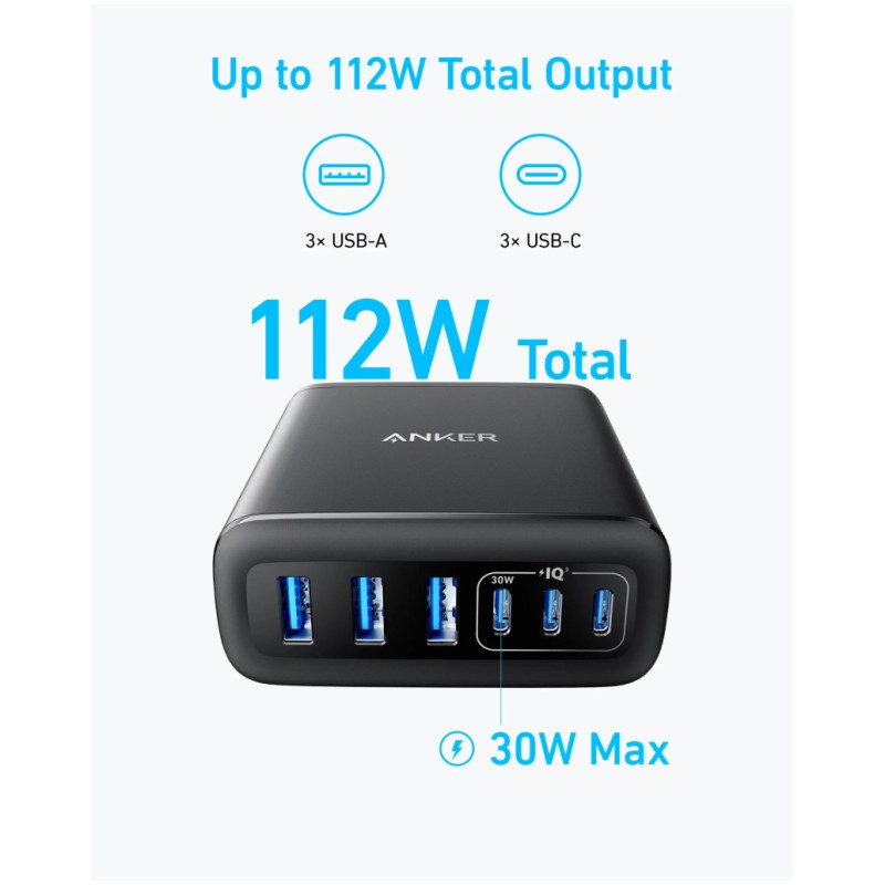 Hišni polnilec 100-240V => 3xUSB-C 3xUSB-A 112W Anker GaN 6-port črn (A2154G11) ANKER Hišni polnilec 100-240V => 3xUSB-C 3xUSB-A 112W Anker GaN 6-port črn (A2154G11)