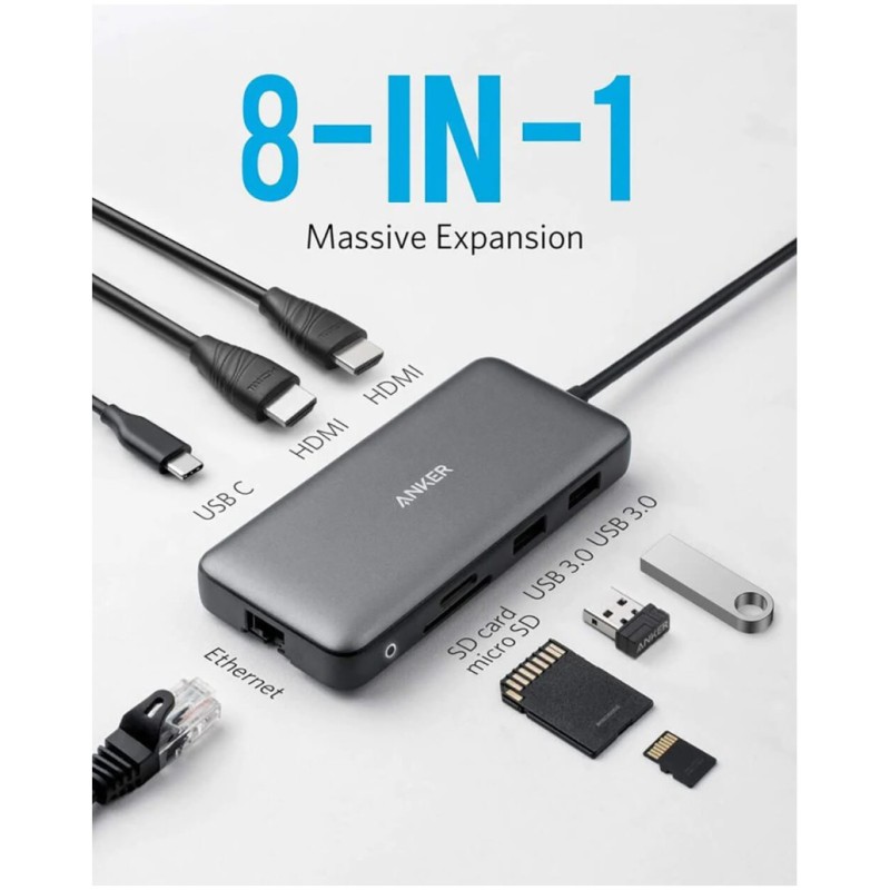 Priklopna postaja USB-C => Anker PowerExpand 553 8v1 2x HDMI 2xUSB3.1 1xUSB-C 85W 1xLAN Čitalec kartic (A83800A1)