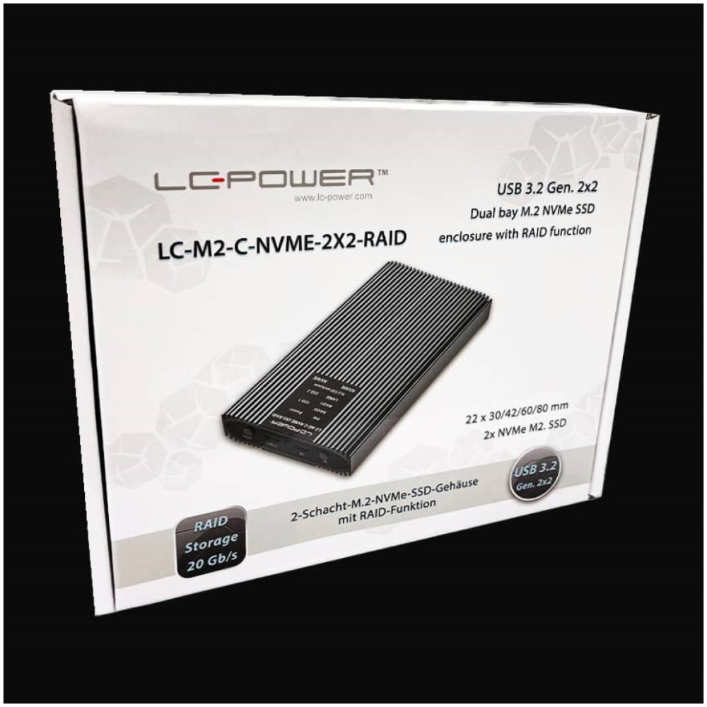 Ohišje za SSD disk M.2 => USB-C PCIe NVMe USB 3.2 Gen2 RAID 0/1 aluminij LC-Power (LC-M2-C-NVME-2X2-RAID)