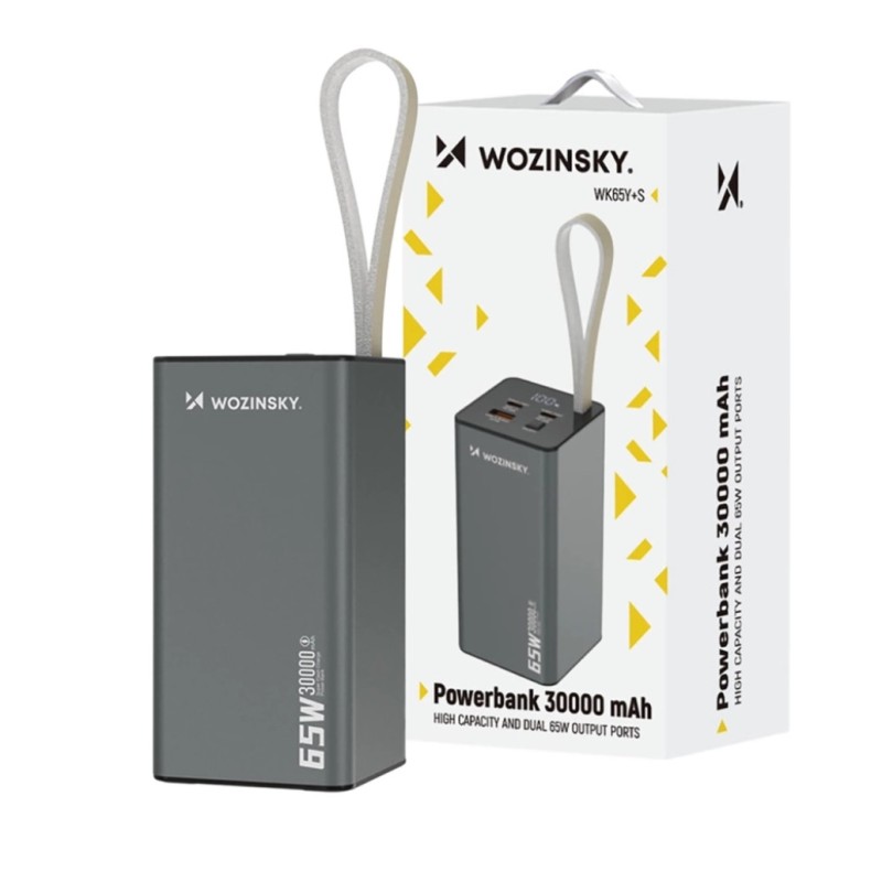 Prenosna baterija Wozinsky K65+ 65W 30000mAh 2xUSB-C 1xUSB-A siv