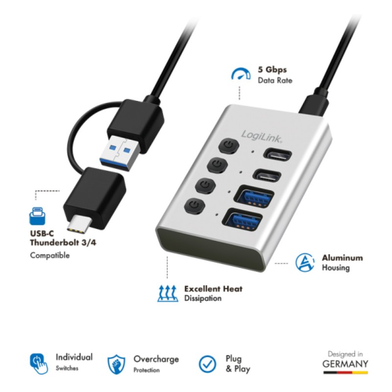 HUB USB-A/C => 2x USB-A 2x USB-C z napajanjem 5Gbps/s 3.2Gen1 s stikali LogiLink (UA0446)