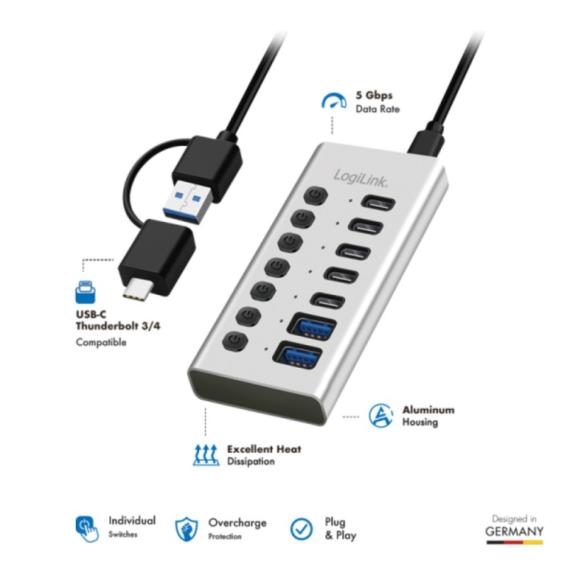 HUB USB-A/C => 2x USB-A 5x USB-C z napajanjem 5Gbps/s 3.2Gen1 s stikali LogiLink (UA0447)