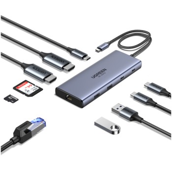 Priklopna postaja USB-C => Ugreen 10v1 2xHDMI 2xUSB 2xUSB-C 100W 1xRJ45 Čitalec kartic (45380)