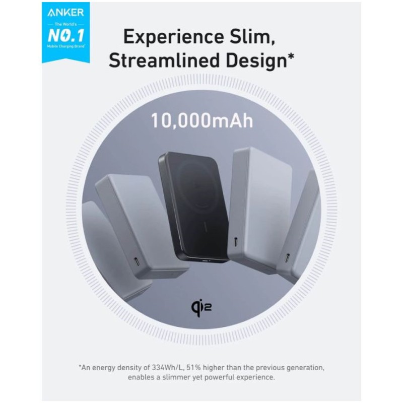 Prenosna baterija Anker MagGo 10.000 mAh Slim brezžično polnjenje Qi2 15W USB-C 30W črna (A1664H11)