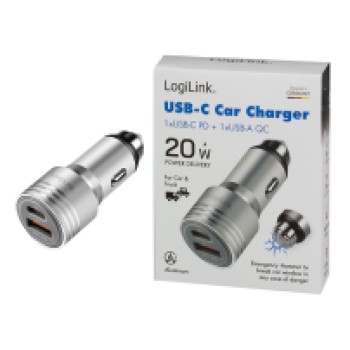 Avto polnilec 12V/24V => 1x USB-C 1x USB-A 20W QC srebrn LogiLink (PA0228A)