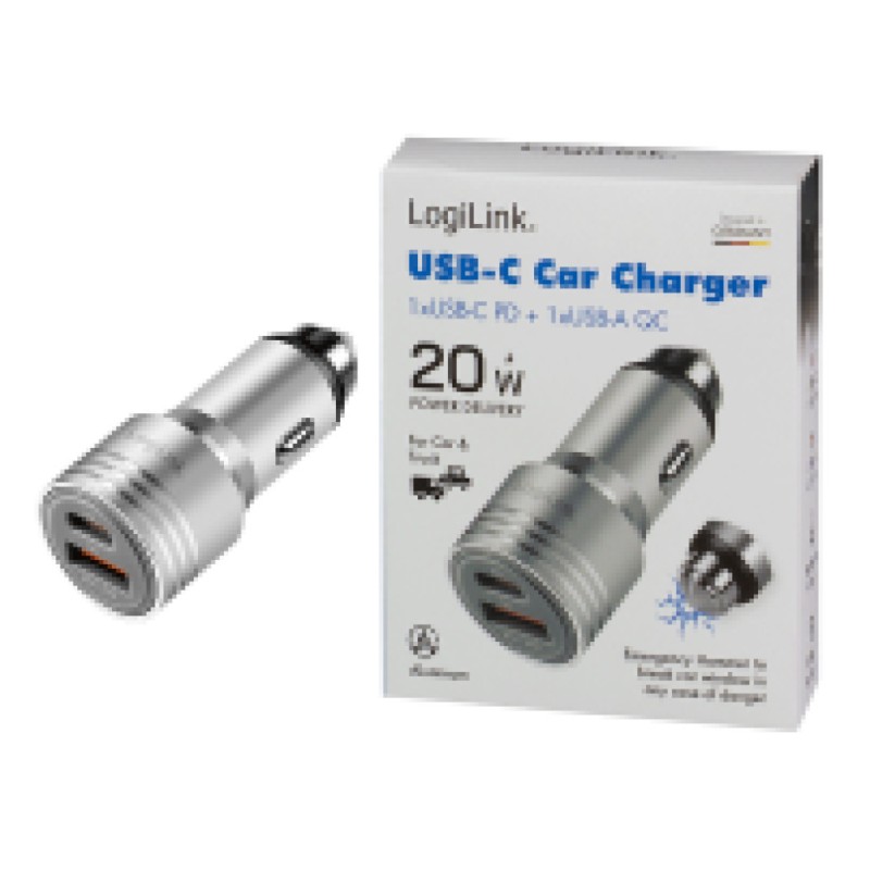Avto polnilec 12V/24V => 1x USB-C 1x USB-A 20W QC srebrn LogiLink (PA0228A) LOGILINK Avto polnilec 12V/24V => 1x USB-C 1x USB-A 20W QC srebrn LogiLink (PA0228A)