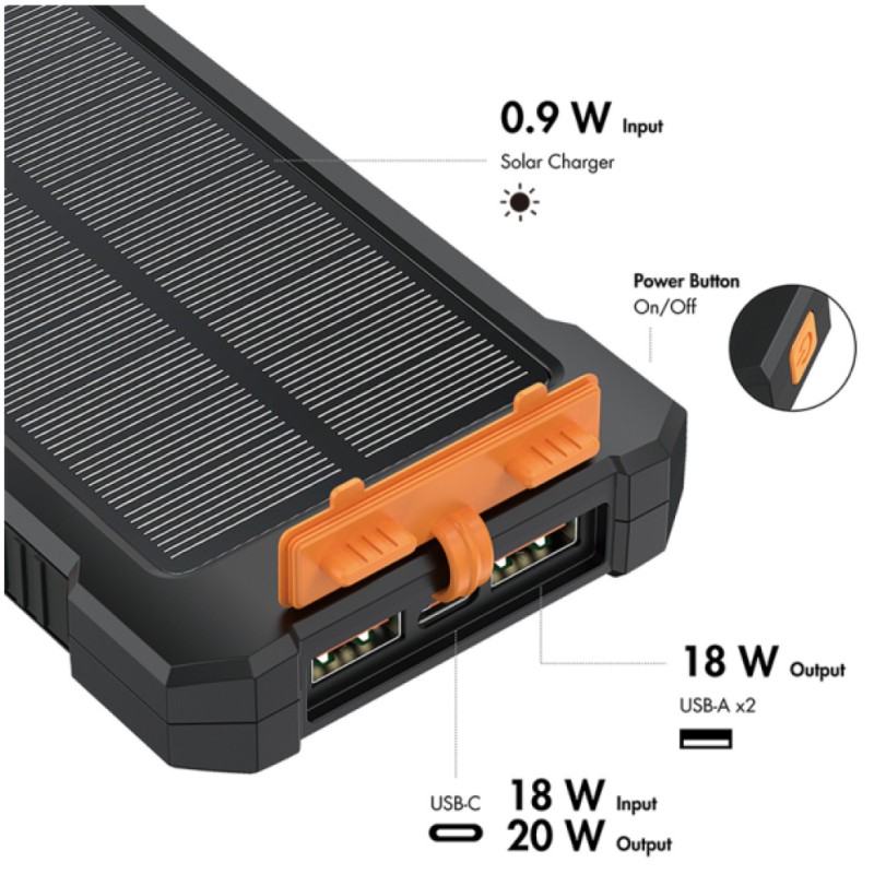 Prenosna baterija Logilink 10.000mAh 20W 2x USB-A 1x USB-C solarna črna (PA0390)