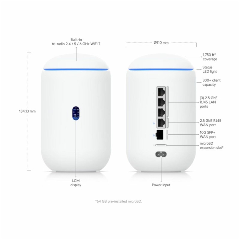 Usmerjevalnik brezžični Ubiquiti UniFi Dream Router 7 WiFi7 802.11be 5700Mbit/s 4xLAN+WAN+SFP (UDR7-EU)