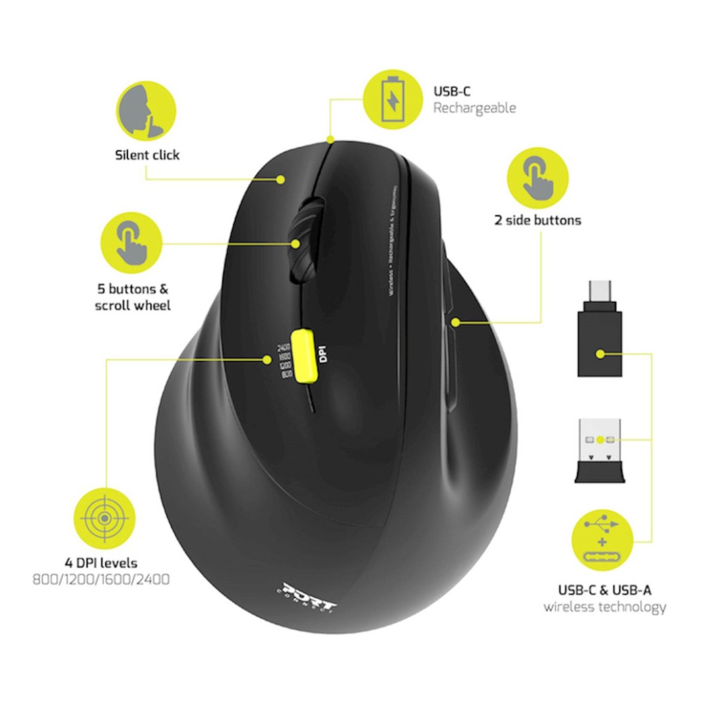 Miš brezžična + Bluetooth ergonomska Port Ergo 2400DPI za levičarje 5 gumbov črna (910008) Port Miš brezžična + Bluetooth ergonomska Port Ergo 2400DPI za levičarje 5 gumbov črna (910008)