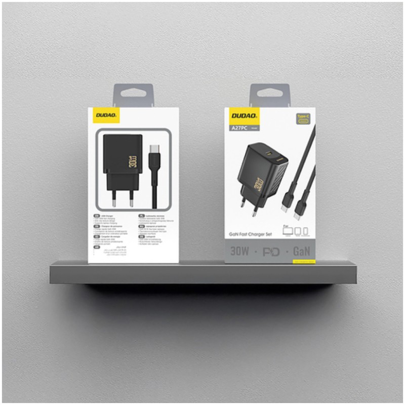Hišni polnilec 100-240V => 1x USB-C 30W GaN PD s priloženim kablom USB-C črn Dudao (A27PCEU-Black) Dudao Hišni polnilec 100-240V => 1x USB-C 30W GaN PD s priloženim kablom USB-C črn Dudao (A27PCEU-Black)