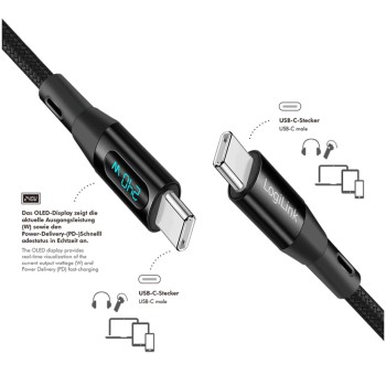 Kabel USB-C (m) => USB-C (m) 2.0 1,00m 240W 5A/48V 480Mbps LED zaslon črn LogiLink (CU0446) Kabel USB-C (m) => USB-C (m) 2.0 1,00m 240W 5A/48V 480Mbps LED zaslon črn LogiLink (CU0446)