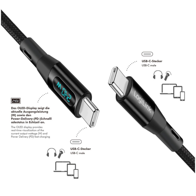 Kabel USB-C (m) => USB-C (m) 2.0 2,00m 240W 5A/48V 480Mbps LED zaslon črn LogiLink (CU0447) LOGILINK Kabel USB-C (m) => USB-C (m) 2.0 2,00m 240W 5A/48V 480Mbps LED zaslon črn LogiLink (CU0447)