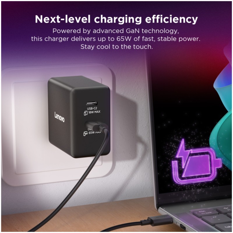 Hišni polnilec 100-240V => 2x USB-C 65W Lenovo Dual GaN + priložen USB-C kabel Lenovo Hišni polnilec 100-240V => 2x USB-C 65W Lenovo Dual GaN + priložen USB-C kabel