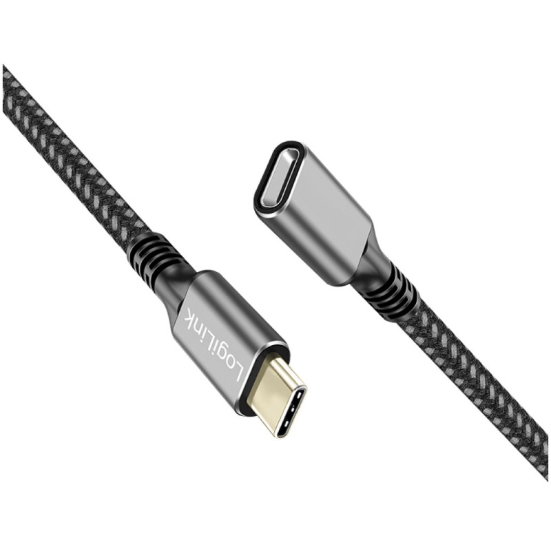 Kabel USB-C(m) => USB-C(ž) 3.2 Gen2 podaljšek najlon ovoj 2,0m 100W 5A/20V 5Gbps črn/siv LogiLink (CUA0109)