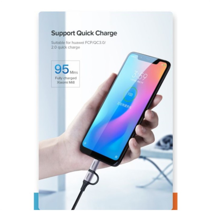 Kabel USB-A(m) => Micro USB/USB-C(m) 1,00m pleten ovoj črn Ugreen (30875) UGREEN Kabel USB-A(m) => Micro USB/USB-C(m) 1,00m pleten ovoj črn Ugreen (30875)