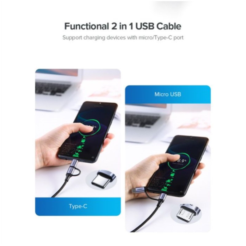 Kabel USB-A(m) => Micro USB/USB-C(m) 1,00m pleten ovoj črn Ugreen (30875) UGREEN Kabel USB-A(m) => Micro USB/USB-C(m) 1,00m pleten ovoj črn Ugreen (30875)