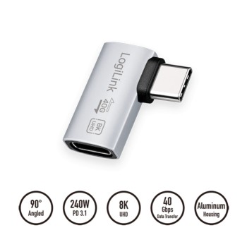 Adapter USB-C => USB-C 90° L/D USB 4 40Gbps 8K/60Hz LogiLink srebrn (AU0064) Adapter USB-C => USB-C 90° L/D USB 4 40Gbps 8K/60Hz LogiLink srebrn (AU0064)