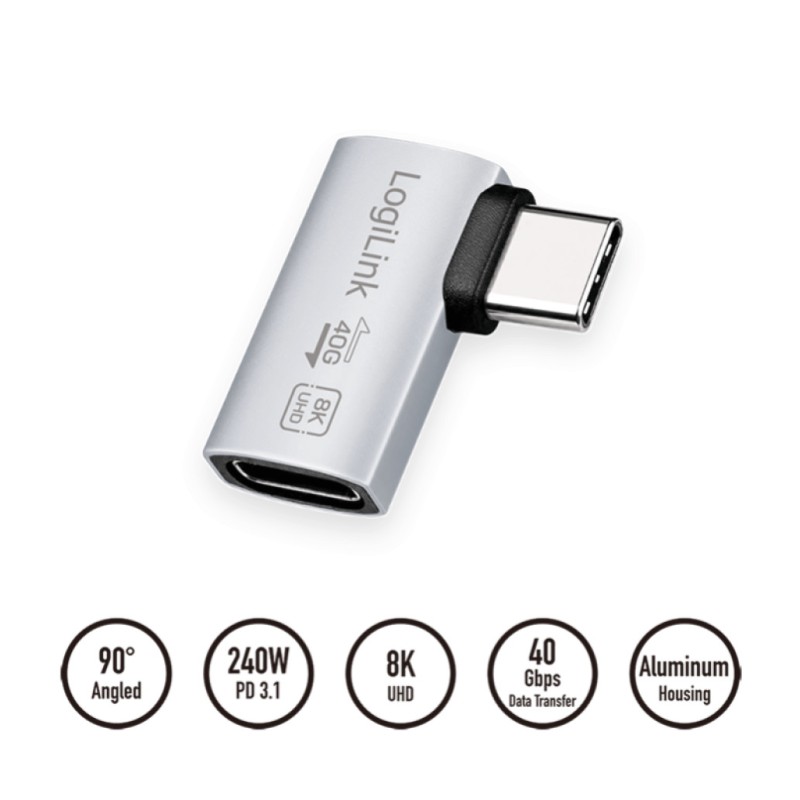 Adapter USB-C => USB-C 90° L/D USB 4 40Gbps 8K/60Hz LogiLink srebrn (AU0064) LOGILINK Adapter USB-C => USB-C 90° L/D USB 4 40Gbps 8K/60Hz LogiLink srebrn (AU0064)