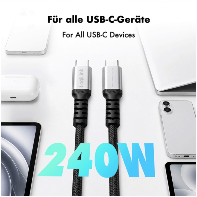 Kabel USB-C (m) => USB-C (m) 2.0 najlon ovoj 1,5m 240W PD 3.1 5A/48V 480Mbps črn LogiLink (CU0282) LOGILINK Kabel USB-C (m) => USB-C (m) 2.0 najlon ovoj 1,5m 240W PD 3.1 5A/48V 480Mbps črn LogiLink (CU0282)