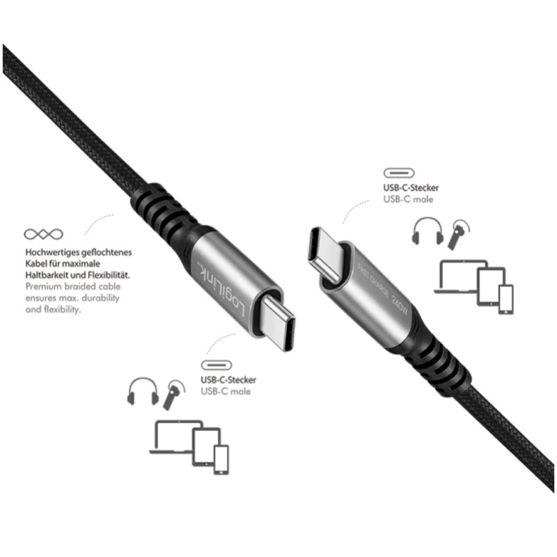 Kabel USB-C (m) => USB-C (m) 2.0 najlon ovoj 1,5m 240W PD 3.1 5A/48V 480Mbps črn LogiLink (CU0282) LOGILINK Kabel USB-C (m) => USB-C (m) 2.0 najlon ovoj 1,5m 240W PD 3.1 5A/48V 480Mbps črn LogiLink (CU0282)
