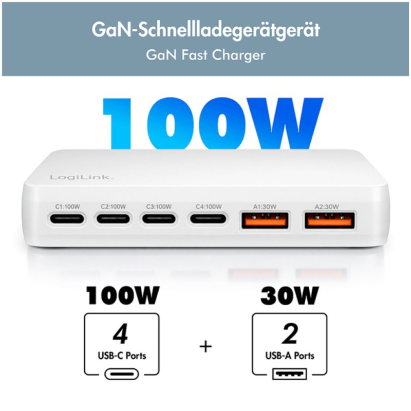 Hišne polnilec 100-240V => 4x USB-C PD 2x USB-A QC 3.0 100W Logilink bel (PA0418) LOGILINK Hišne polnilec 100-240V => 4x USB-C PD 2x USB-A QC 3.0 100W Logilink bel (PA0418)
