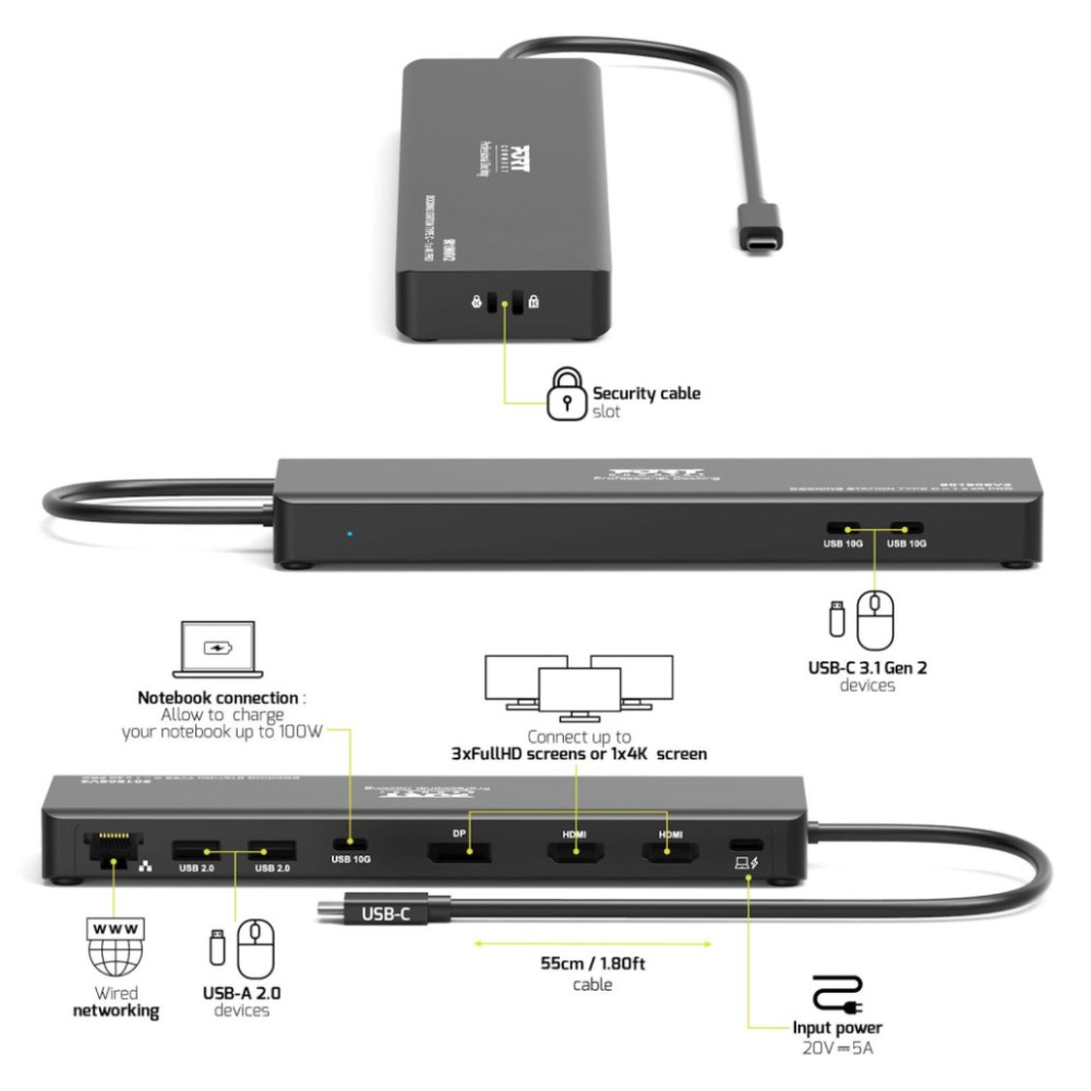 Priklopna postaja USB-C => Port 1xDisplayPort 2x HDMI 2xUSB 4xUSB-C 100W 1xRJ45 (901906V2) Port Priklopna postaja USB-C => Port 1xDisplayPort 2x HDMI 2xUSB 4xUSB-C 100W 1xRJ45 (901906V2)