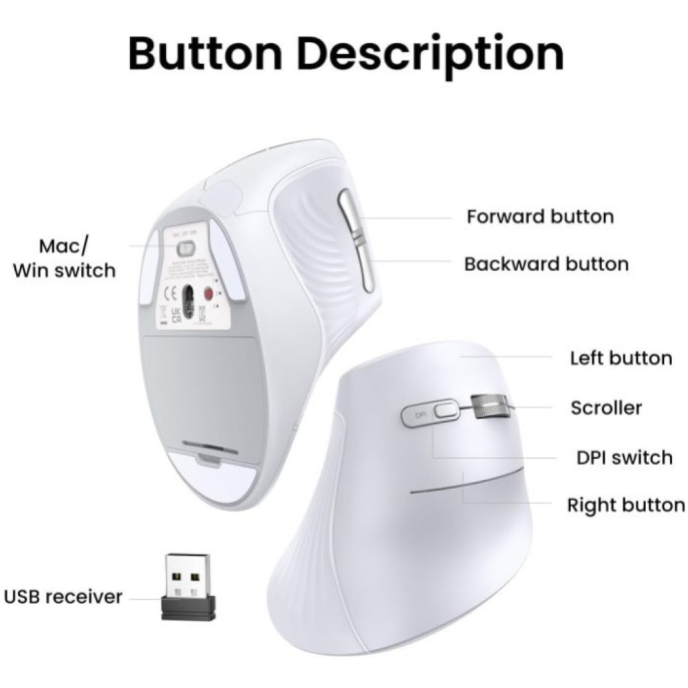Miš brezžična + Bluetooth ergonomska Ugreen vertikalna 4000DPI bela (45759) UGREEN Miš brezžična + Bluetooth ergonomska Ugreen vertikalna 4000DPI bela (45759)