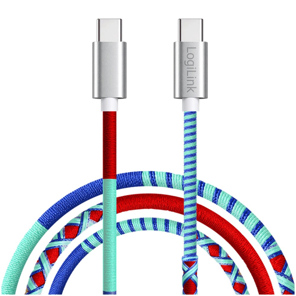 Kabel USB-C (m) => USB-C (m) 2.0 1,0m 60W 3A/20V 480Mbps pletenj ovoj pisan LogiLink (CU0480) LOGILINK Kabel USB-C (m) => USB-C (m) 2.0 1,0m 60W 3A/20V 480Mbps pletenj ovoj pisan LogiLink (CU0480)