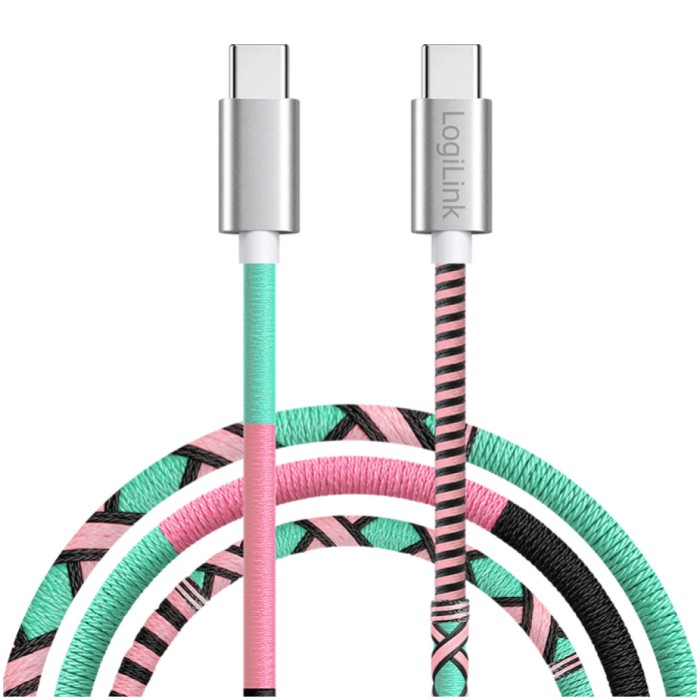 Kabel USB-C (m) => USB-C (m) 2.0 1,0m 60W 3A/20V 480Mbps pletenj ovoj pisan LogiLink (CU0481) Kabel USB-C (m) => USB-C (m) 2.0 1,0m 60W 3A/20V 480Mbps pletenj ovoj pisan LogiLink (CU0481)