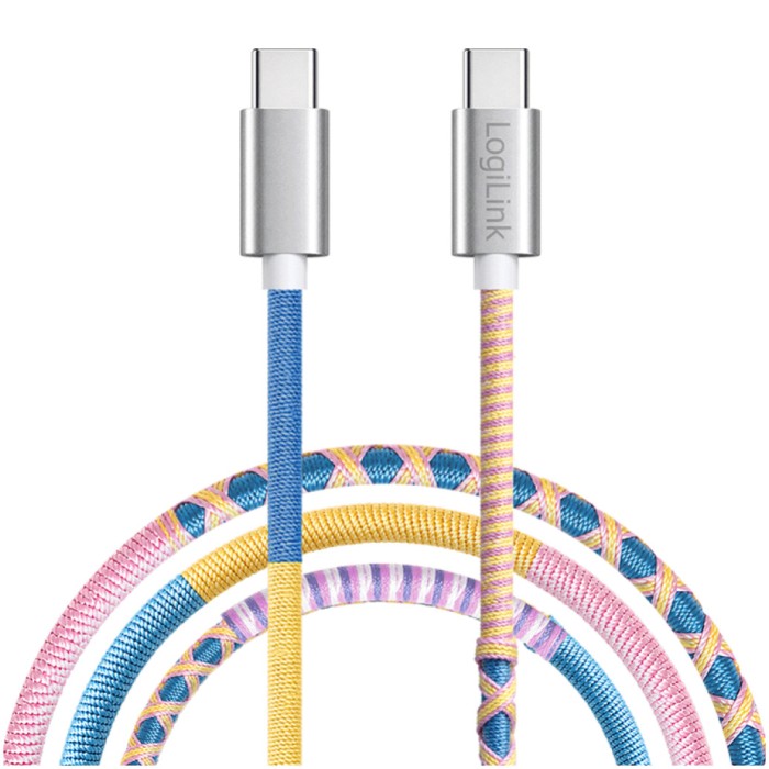 Kabel USB-C (m) => USB-C (m) 2.0 1,0m 60W 3A/20V 480Mbps pletenj ovoj pisan LogiLink (CU0482) Kabel USB-C (m) => USB-C (m) 2.0 1,0m 60W 3A/20V 480Mbps pletenj ovoj pisan LogiLink (CU0482)