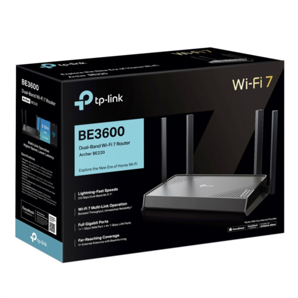 Usmerjevalnik brezžični TP-Link Archer WiFi7 802.11be BE3600 3600Mbit/s MU-MIMO 1xWAN 4xLAN 4x antena (Archer BE220) TP-LINK Usmerjevalnik brezžični TP-Link Archer WiFi7 802.11be BE3600 3600Mbit/s MU-MIMO 1xWAN 4xLAN 4x antena (Archer BE220)